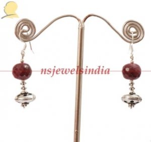 Handcrafted natural red ruby & silver beads earring