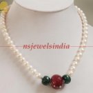 natural ruby.emerald & pearl with silver bead necklace