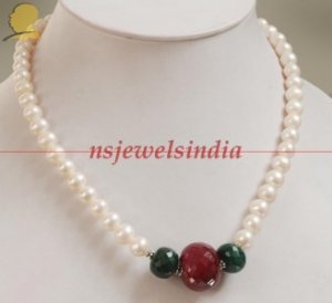 natural ruby.emerald & pearl with silver bead necklace