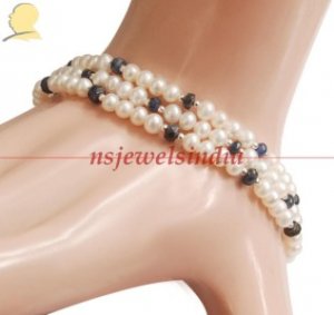 pearl & sapphire beads gemstone with silver bracelet