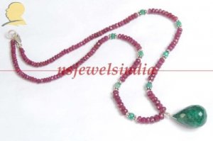 Handmade emerald & ruby with silver beads necklace