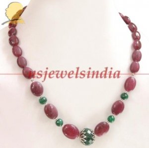 Emerald & ruby beaded gemstone with silver necklace