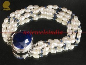 Pearl & sapphire beads gemstone with silver bracelet