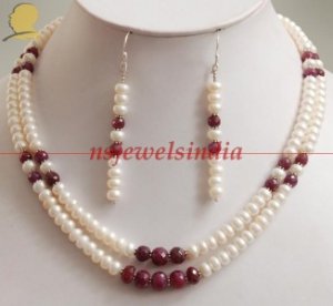2 strand pearl & Ruby gemstone beads with silver string