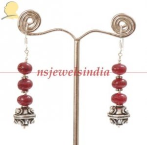 natural cabochon ruby gemstone with silver bead earring