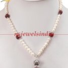 natural pearl &ruby gemstone with silver bead necklace
