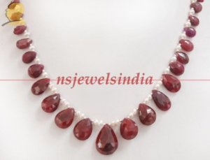 natural ruby & pearl gemstone with silver necklace