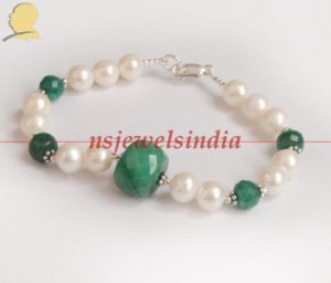 pearl & emerald beads gemstone with silver bracelet