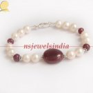 Natural ruby & pearl gemstone with silver bracelet