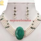 5 strand pearl  & silver emerald gemstone clasp string