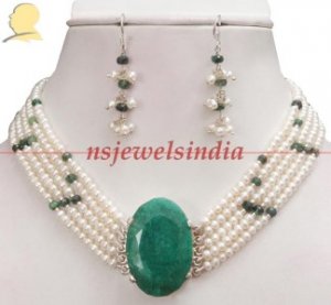 5 strand pearl  & silver emerald gemstone clasp string