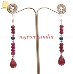 Ruby & sapphire drop gemstone with silver earring
