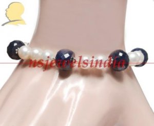 pearl & sapphire beaded gemstone with silver bracelet