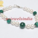 Emerald & pearl beaded gemstone with silver bracelet