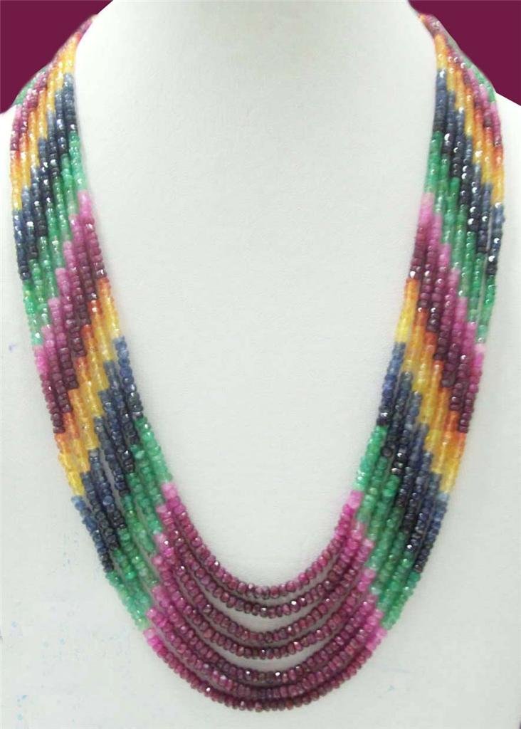Natural ruby,emerald & sapphire gemstone bead necklace