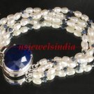 Pearl and sapphire beads gemstone with silver bracelet