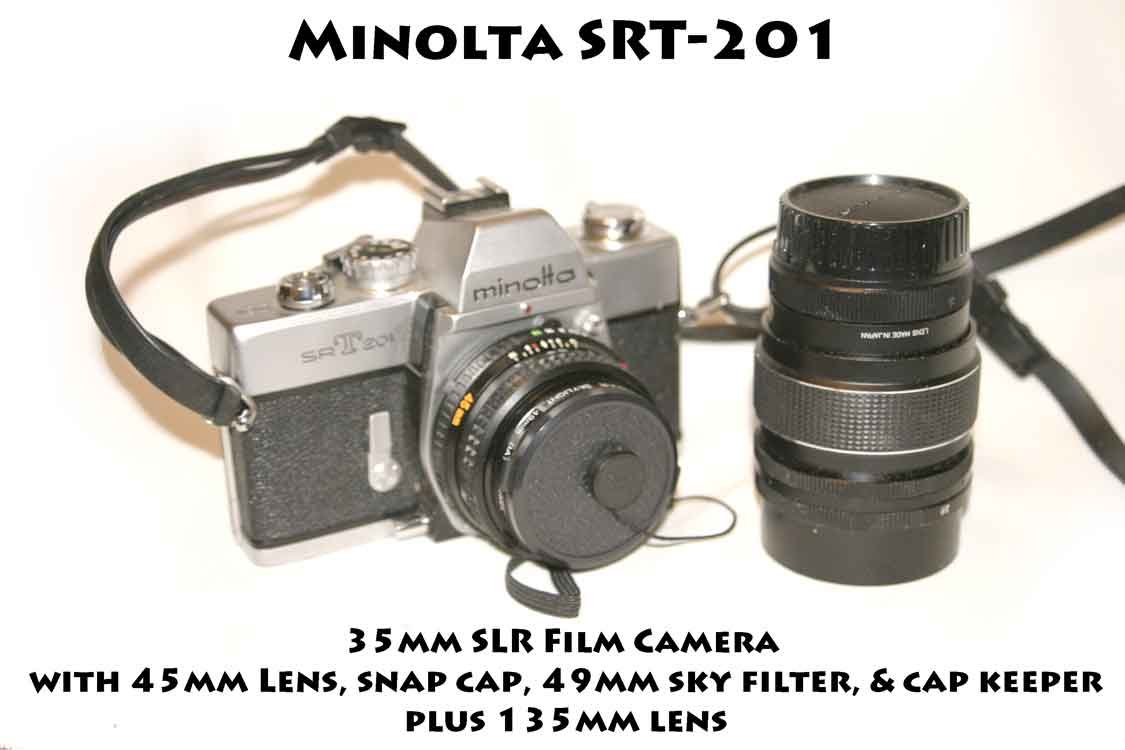 Minolta SRT-201 35mm SLR Film Camera 45mm Lens, snap cap, 49mm sky