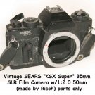 Vintage SEARS "KSX Super" 35mm SLR Film Camera w/1:2.0 50mm  (made by Ricoh) parts or display