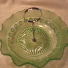 Green Glass Candy Dish with Handle and Scallopped  Edge