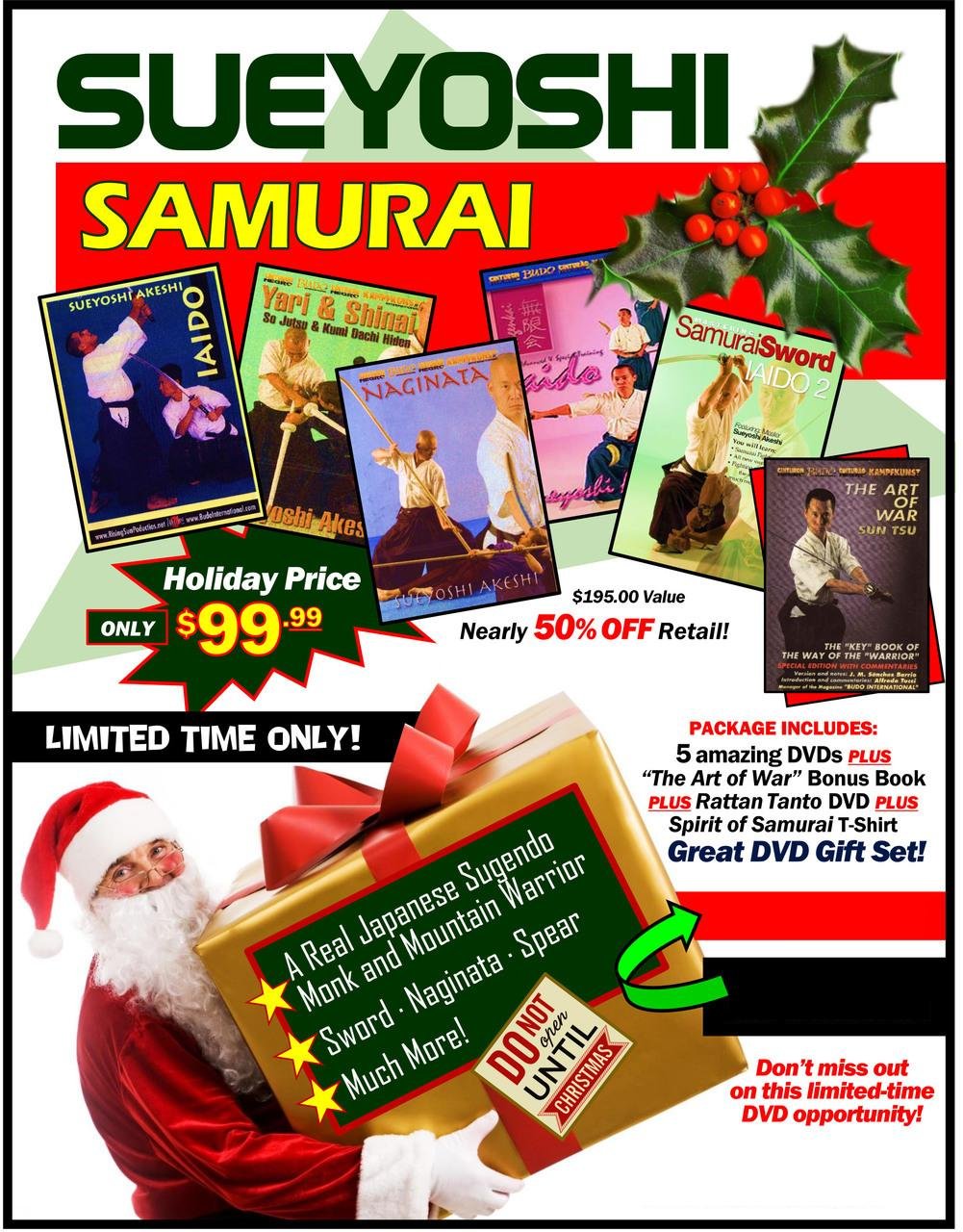 VD9904P  Sueyoshi Samurai Gift Set 5 DVDs + Art of War, Samurai T-Shirt, Tanto $195 Value