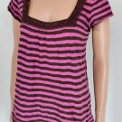 NEXT ERA COUTURE BROWN PINK STRIPED PEASANT SHIRT Sz L