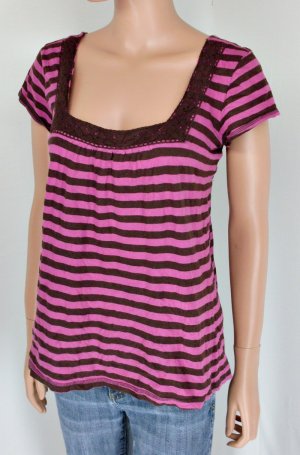 NEXT ERA COUTURE BROWN PINK STRIPED PEASANT SHIRT Sz L