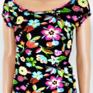 Guess Jeans Black Vibrant Floral Sheer Top Shirt Sz M