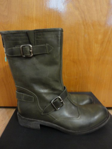 Vietti Italy Olive Green Leather Buckle Biker Moto Midcalf Boots 8 8.5