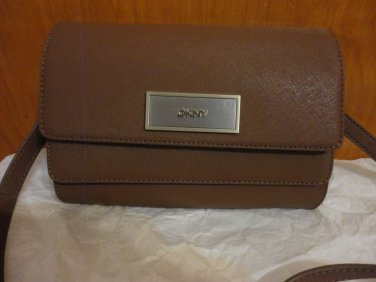DKNY $198 Brown Luggage Saffiano Leather Double Flap Crossbody Bag