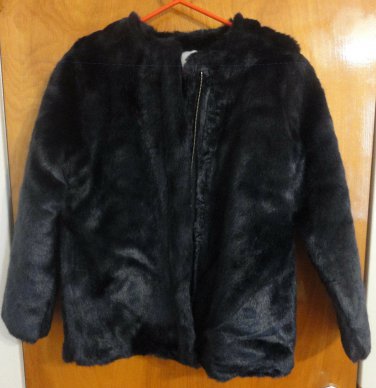 Matilda Navy Blue Luxe Faux Fur Zip Collarless thp Boxy Coat Jacket S