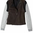 Francis Leon Asymmetrical Contrast Brown Pebble Leather Gray Moto Jacket 4 6 S