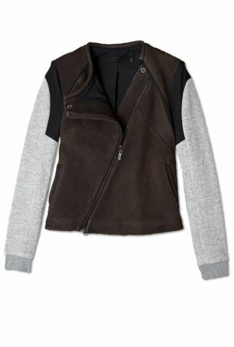Francis Leon Asymmetrical Contrast Brown Pebble Leather Gray Moto Jacket 4 6 S