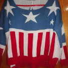 United States Flag Printed Red Blue White Boat Neck Stepped Hem Boxy Sweater S