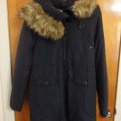 Noisy May Faux Leather Trim Fur Hooded Navy Blue Padded Parka Coat S