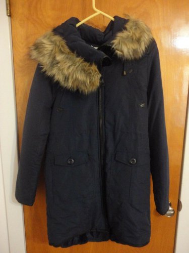 Noisy May Faux Leather Trim Fur Hooded Navy Blue Padded Parka Coat S