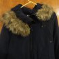Noisy May Faux Leather Trim Fur Hooded Navy Blue Padded Parka Coat S