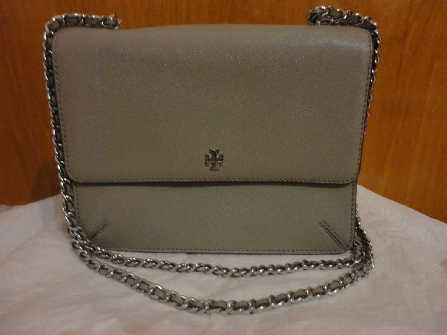 Tory Burch Robinson Convertible French Gray Saffiano Leather Chain