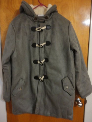 Gray Faux Suede Shearling Hooded Padded Duffle Toggle Coat S M