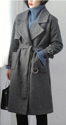 Heather Gray Fuzzy Woolen 3/4 Sleeve Classic Oversized Collar Trench Coat S