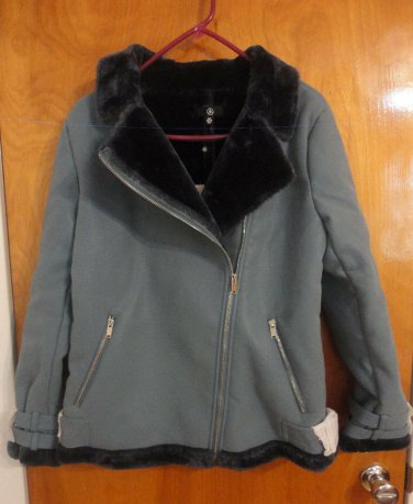 Missguided Asymmetrical Blue Faux Fur Leather Aviator Biker Moto Jacket 4