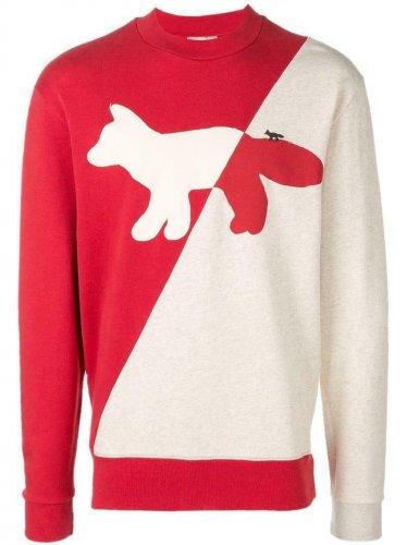 Maison Kitsune Fox Printed ColorBlock Red Gray Sweatshirt S M Women Unisex