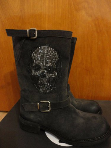 Fruit Italy Skull Studded Buckle Plein Charcoal Gray Suede Boots 39 9 APC