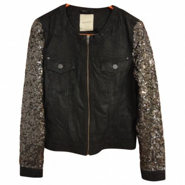 Selected Femme $400 Gold Sequin Black Suede Collarless Biker Moto Jacket 6 10