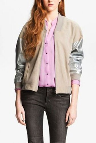 L'AGENCE $1195 Suede Colorblock Silver Sleeve Leather Bomber Jacket M