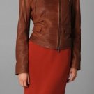 Rachel Roy $1198 Pleated Asymmetrical Brown Moto Leather Jacket M