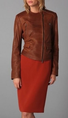 Rachel Roy $1198 Pleated Asymmetrical Brown Moto Leather Jacket M
