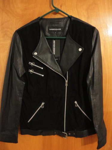 Warehouse $350 Asymmetrical Contrast Black Suede Leather Belted Aviator Jacket S