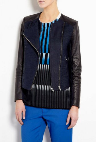 Paul & Joe Sister Black Leather Sleeve Navy Tweed Moto Jacket 6