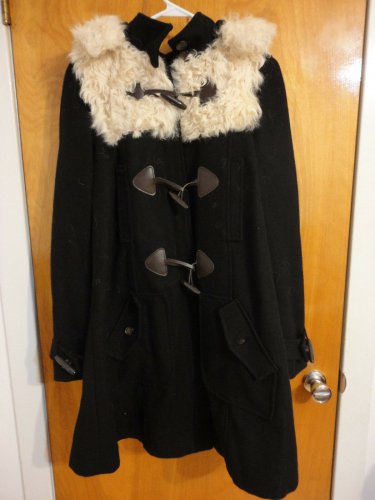 Topshop Curly Shearling Black Wool Duffle Toggle Hooded Swing Coat US 6 UK 10
