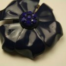 Vintage Enamel Metal Flower Pin Brooch, Dark Blue with Purple Stones in Center